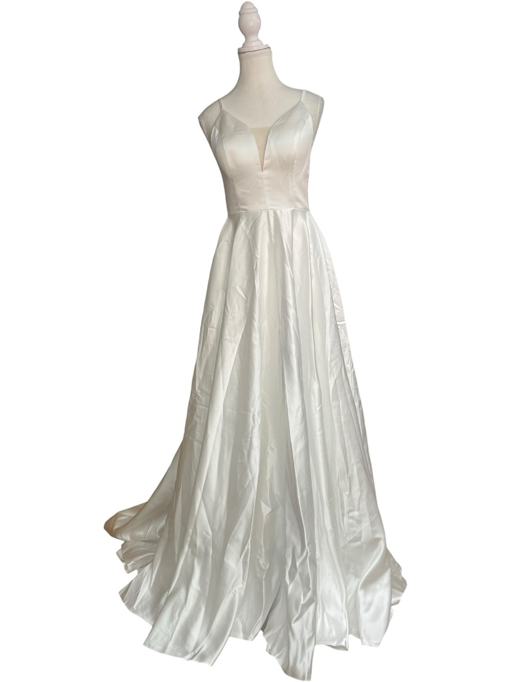 Miss Veil Satin V-Neck A-Line Gown Dress White